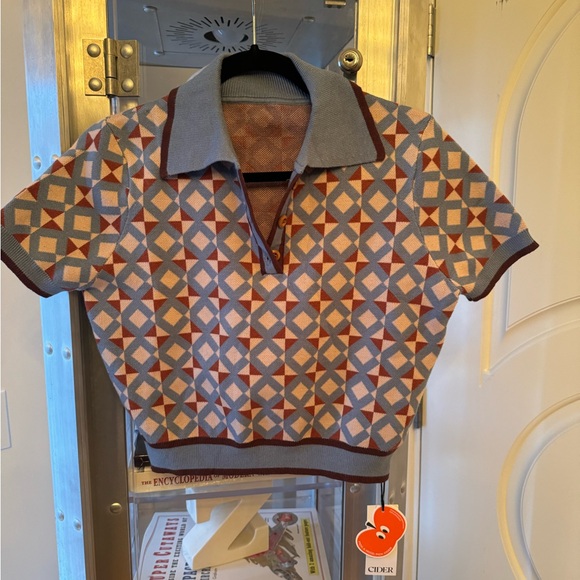 NWT CIDER Knit Collar Geometric Short Sleeve Sweater in Blue - Sz S - Picture 2 of 11